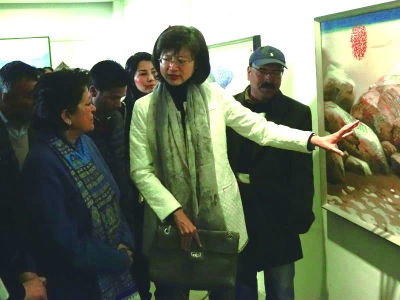 10中国驻尼泊尔大使于红为尼泊尔前副总理兼外交部长柯以拉腊介绍展览作品